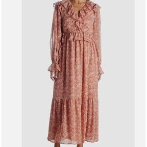 Moon River Boho Midi Dress Coral Aztec Print Ruffle Puff Sleeve Womens XS
